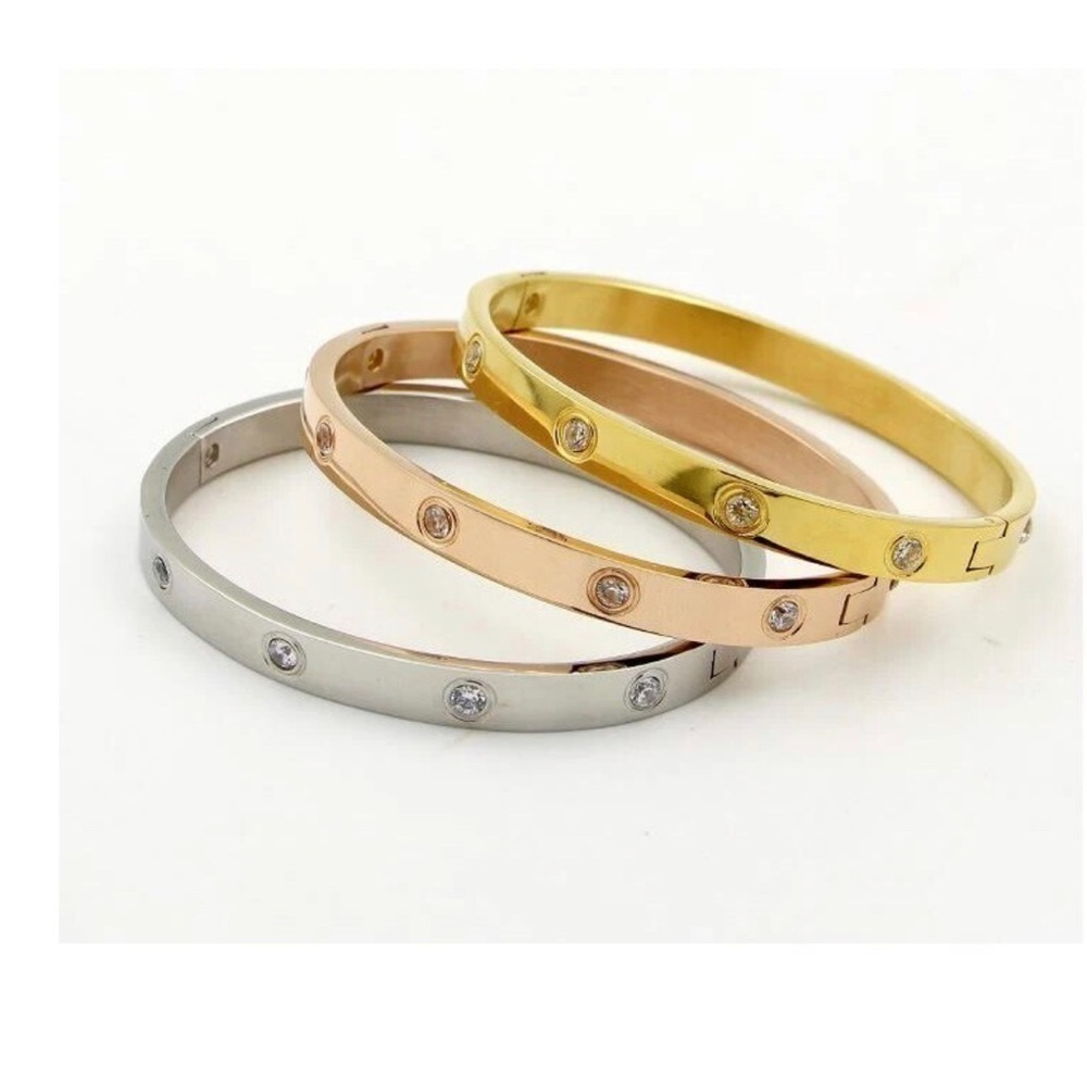 18K Gold Diamond Full Drill Love Inspired Bracelet Bangle Cuff No Fade Stackable - Picture 5 of 11